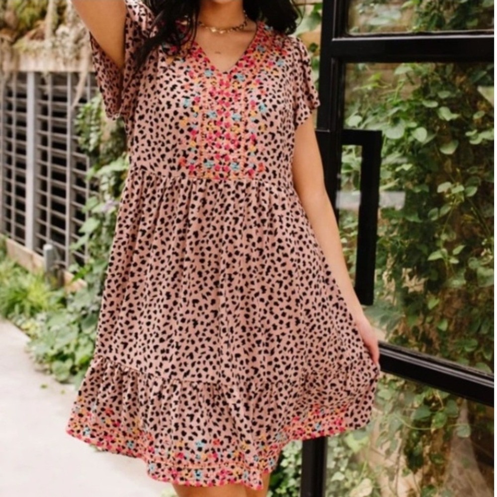Savanna Jane Pink Leopard Print Embroidered Babydoll Dress Boho Mini L 94069